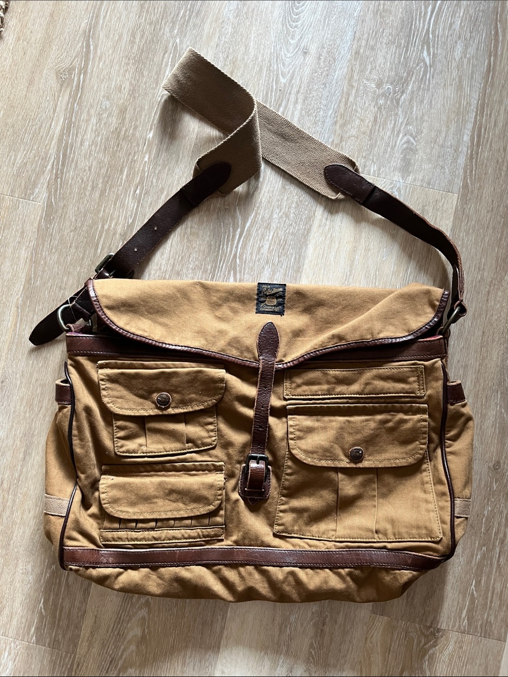 Vintage Polo Ralph Lauren Canvas Messenger Bag Leather Brown Trim Aztec Lining